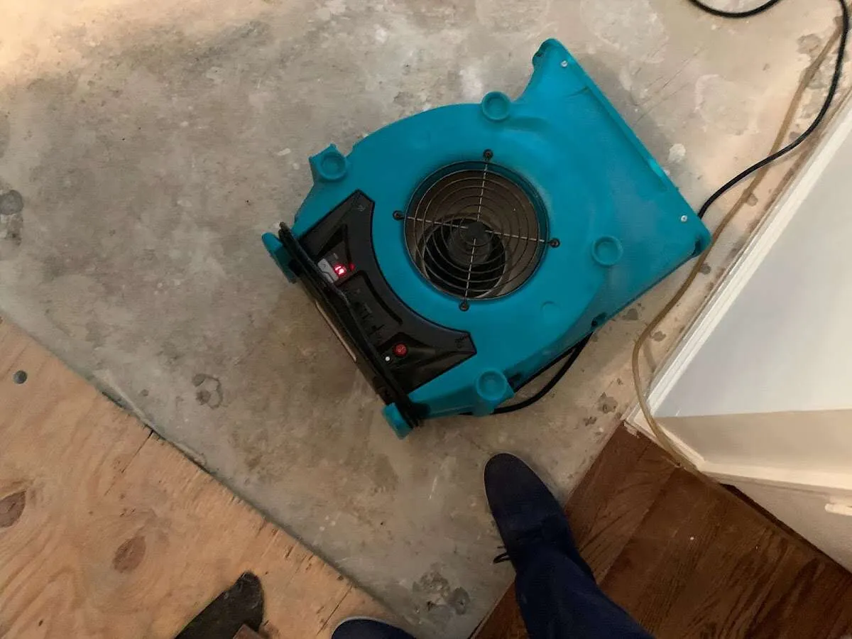 Air mover drying subfloor during Commercial Water Damage Restoration in Guilford